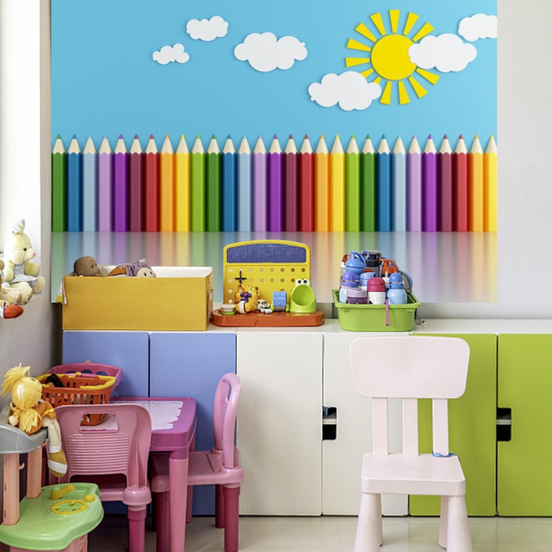 Baocicco 9x6ft Vinyl Backdrop Children's Room Interior Decor Photography Background Crayon Sun Clouds Blue Background Kindergarten Activity Children's Room Wallpaper Decor Children Portrait - Image 4